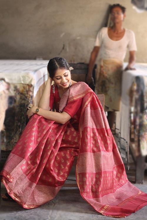 Handblock Print Chanderi Silk Saree - SootiSyahi