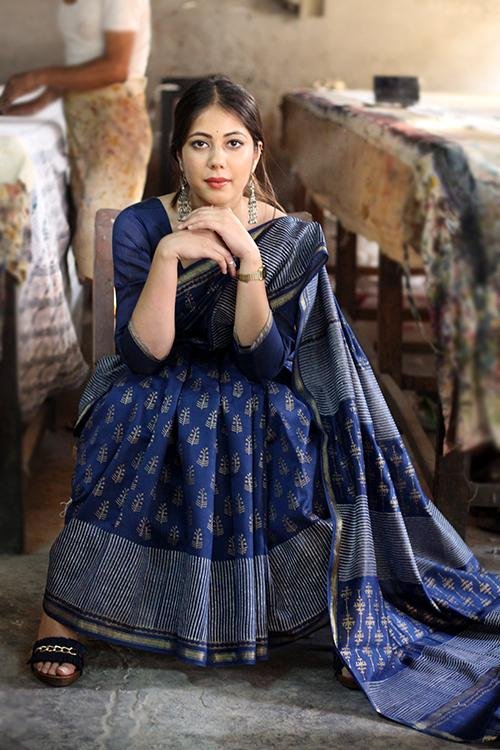 Handblock Print Chanderi Silk Saree - SootiSyahi