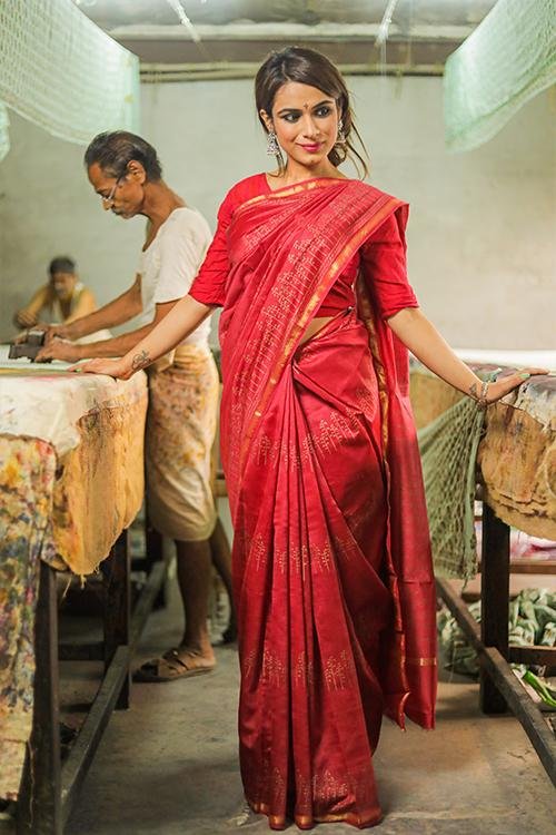 Handblock Print Chanderi Silk Saree - SootiSyahi