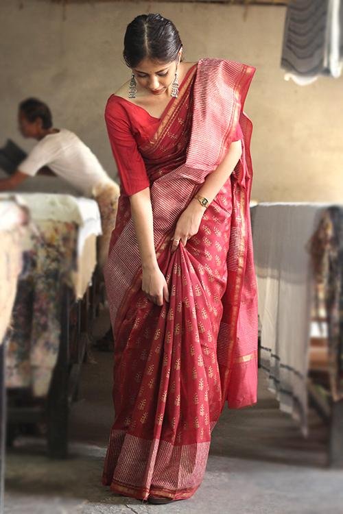 Handblock Print Chanderi Silk Saree - SootiSyahi