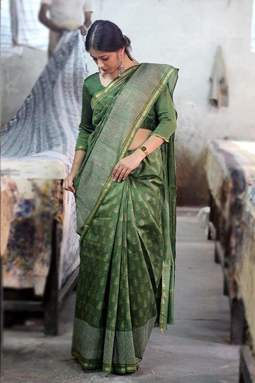 Handblock Print Chanderi Silk Saree - SootiSyahi
