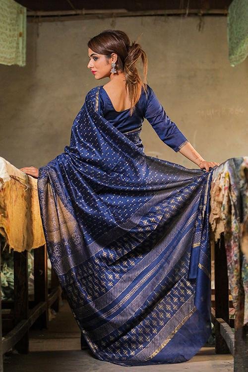 Handblock Print Chanderi Silk Saree - SootiSyahi