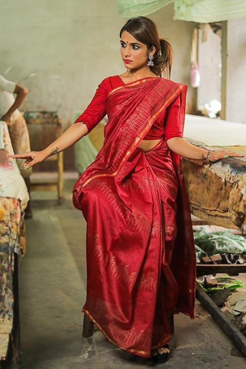 Handblock Print Chanderi Silk Saree - SootiSyahi