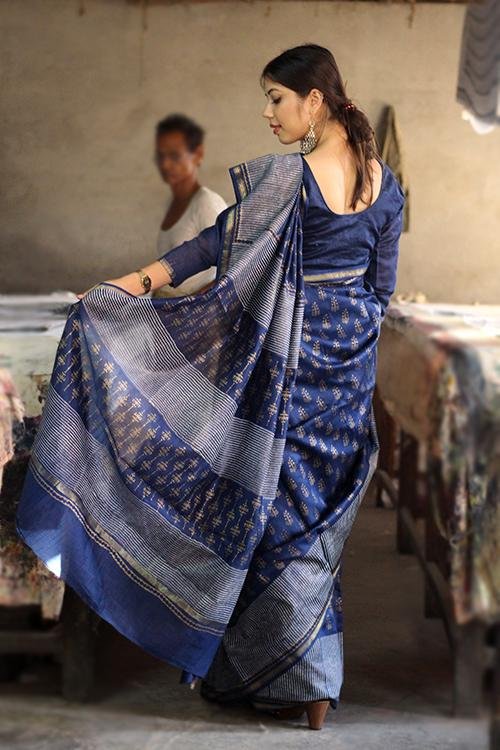 Handblock Print Chanderi Silk Saree - SootiSyahi