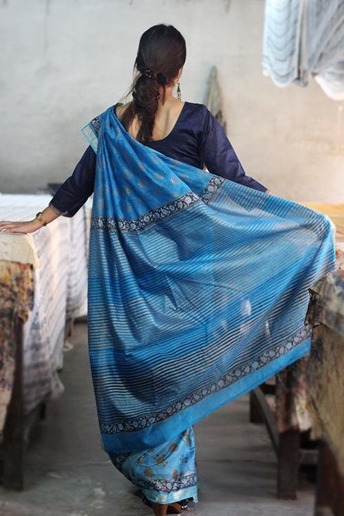Handblock Print Maheshwari Silk Saree - SootiSyahi