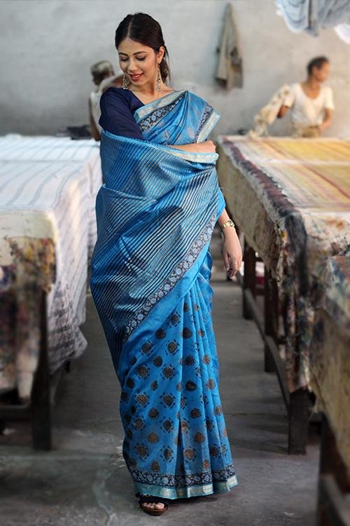 Handblock Print Maheshwari Silk Saree - SootiSyahi