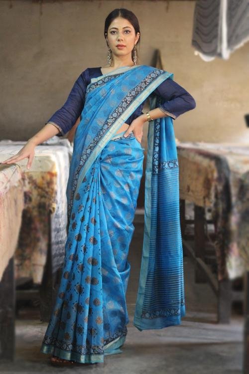 Handblock Print Maheshwari Silk Saree - SootiSyahi