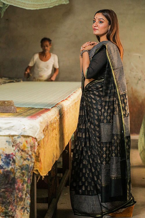 Handblock Printed Chanderi Silk Saree - SootiSyahi