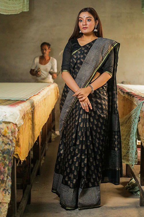 Handblock Printed Chanderi Silk Saree - SootiSyahi