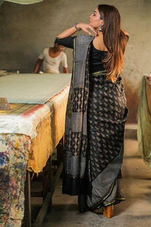 Handblock Printed Chanderi Silk Saree - SootiSyahi