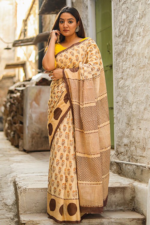 "HARVEST" HANDBLOCK PRINT MUL COTTON SAREE - SootiSyahi