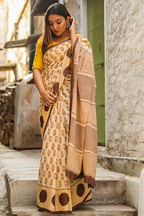 "HARVEST" HANDBLOCK PRINT MUL COTTON SAREE - SootiSyahi