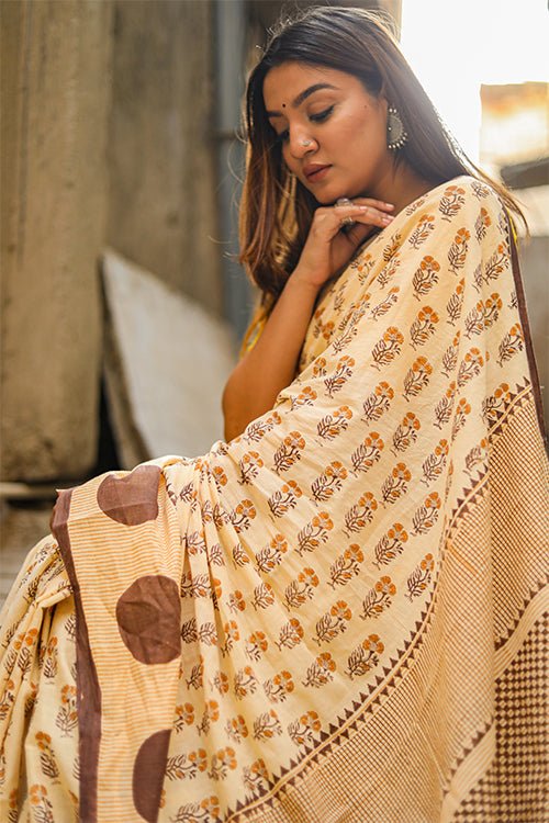 "HARVEST" HANDBLOCK PRINT MUL COTTON SAREE - SootiSyahi