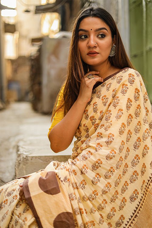 "HARVEST" HANDBLOCK PRINT MUL COTTON SAREE - SootiSyahi