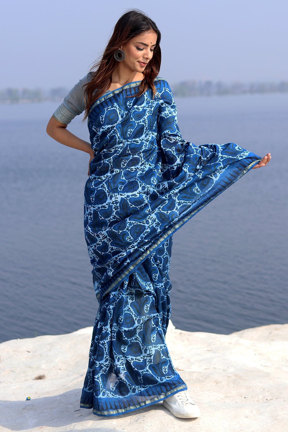 Inkwell Indigo Handblock Printed Chanderi Saree - SootiSyahi