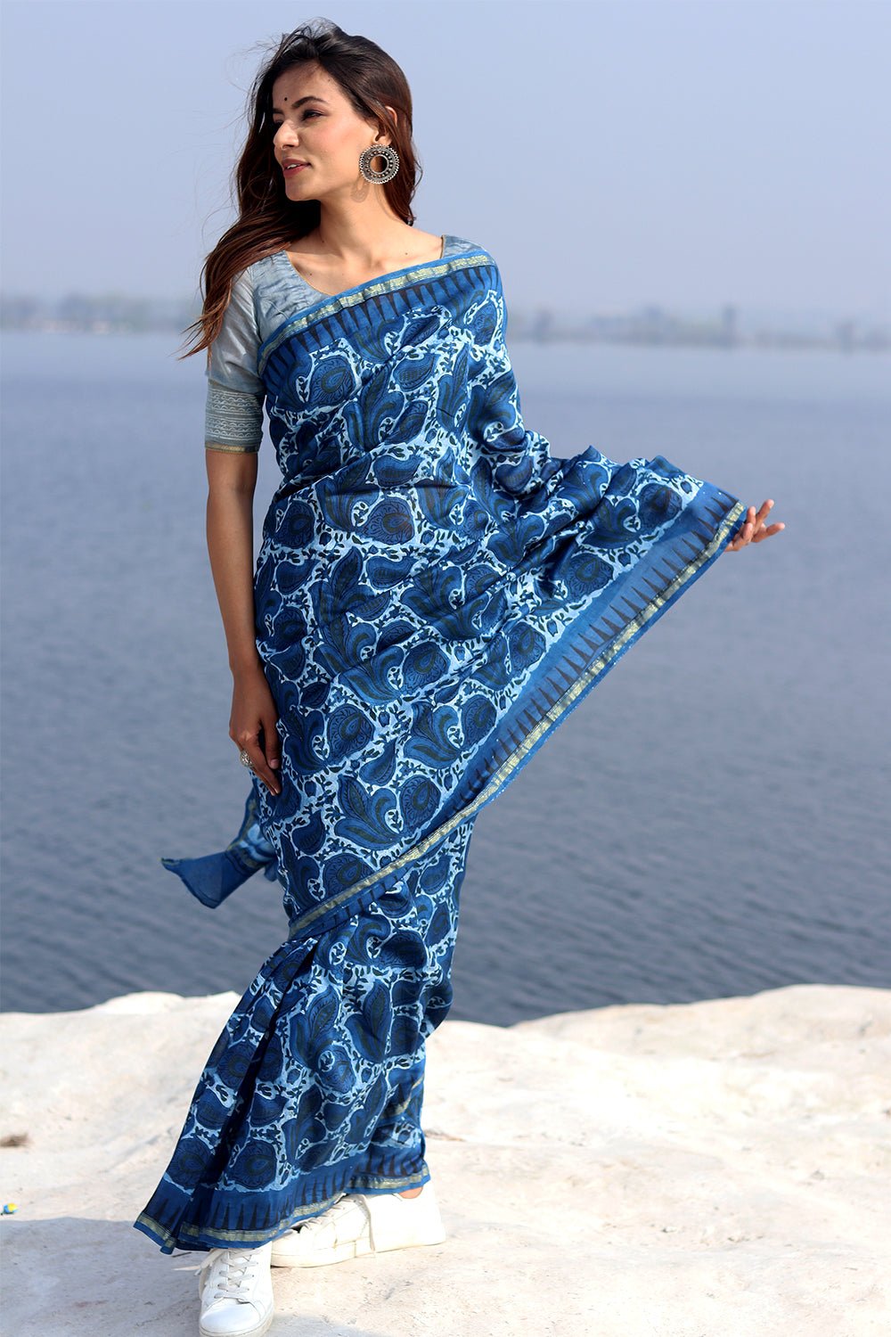 Inkwell Indigo Handblock Printed Chanderi Saree - SootiSyahi