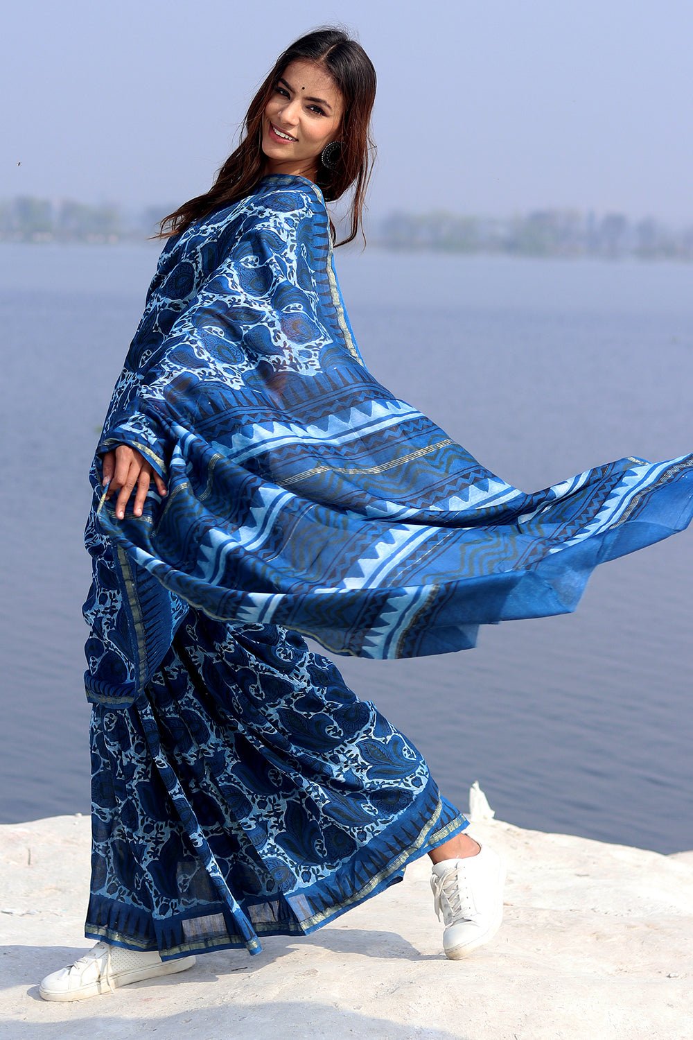 Inkwell Indigo Handblock Printed Chanderi Saree - SootiSyahi