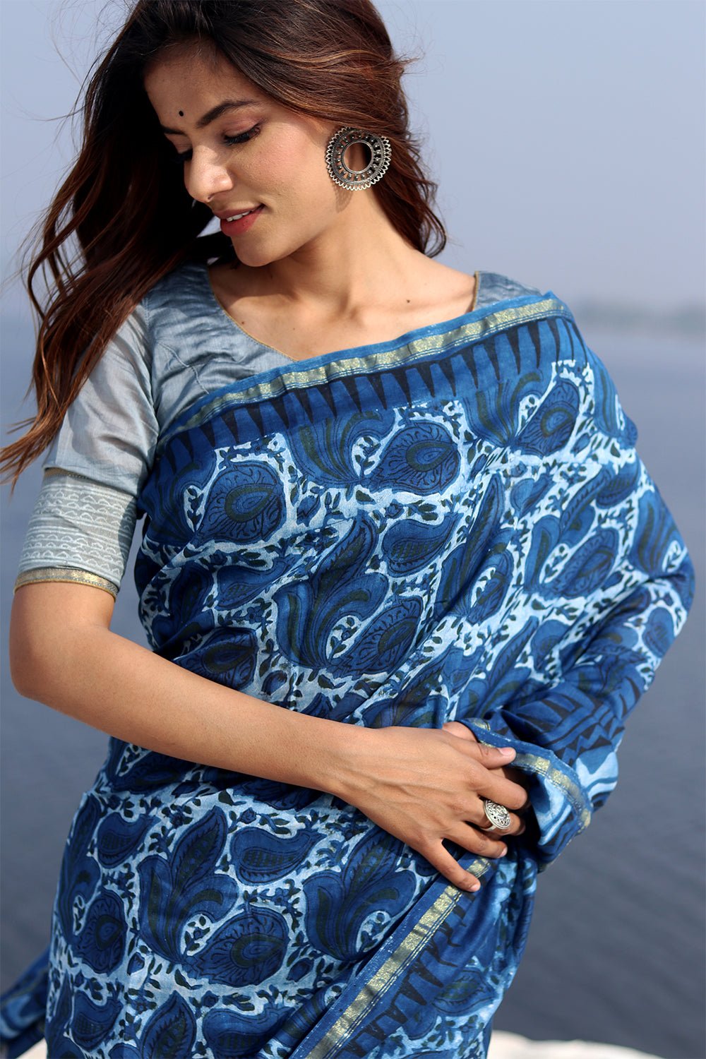 Inkwell Indigo Handblock Printed Chanderi Saree - SootiSyahi