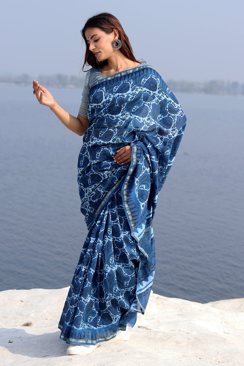 Inkwell Indigo Handblock Printed Chanderi Saree - SootiSyahi