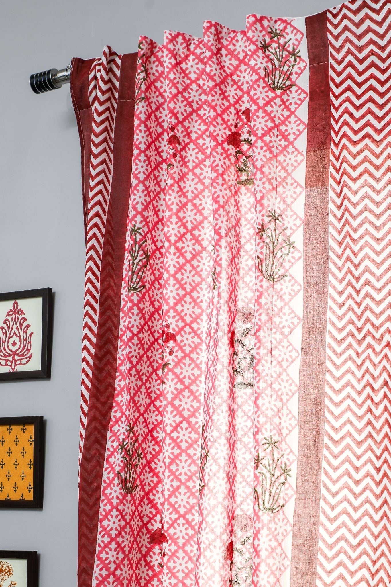 'Jade Rose' Handblock Printed Cotton Window Curtain - SootiSyahi