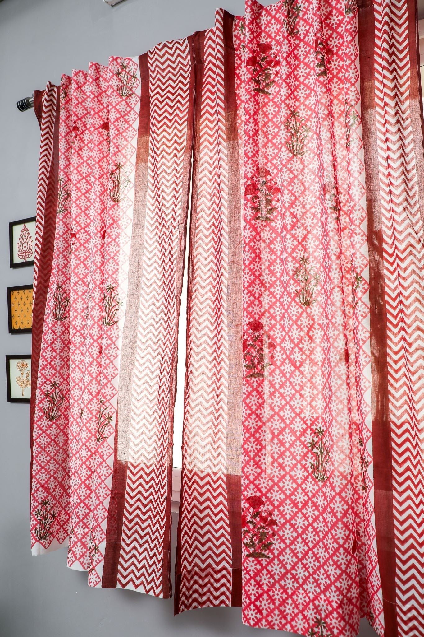 'Jade Rose' Handblock Printed Cotton Window Curtain - SootiSyahi