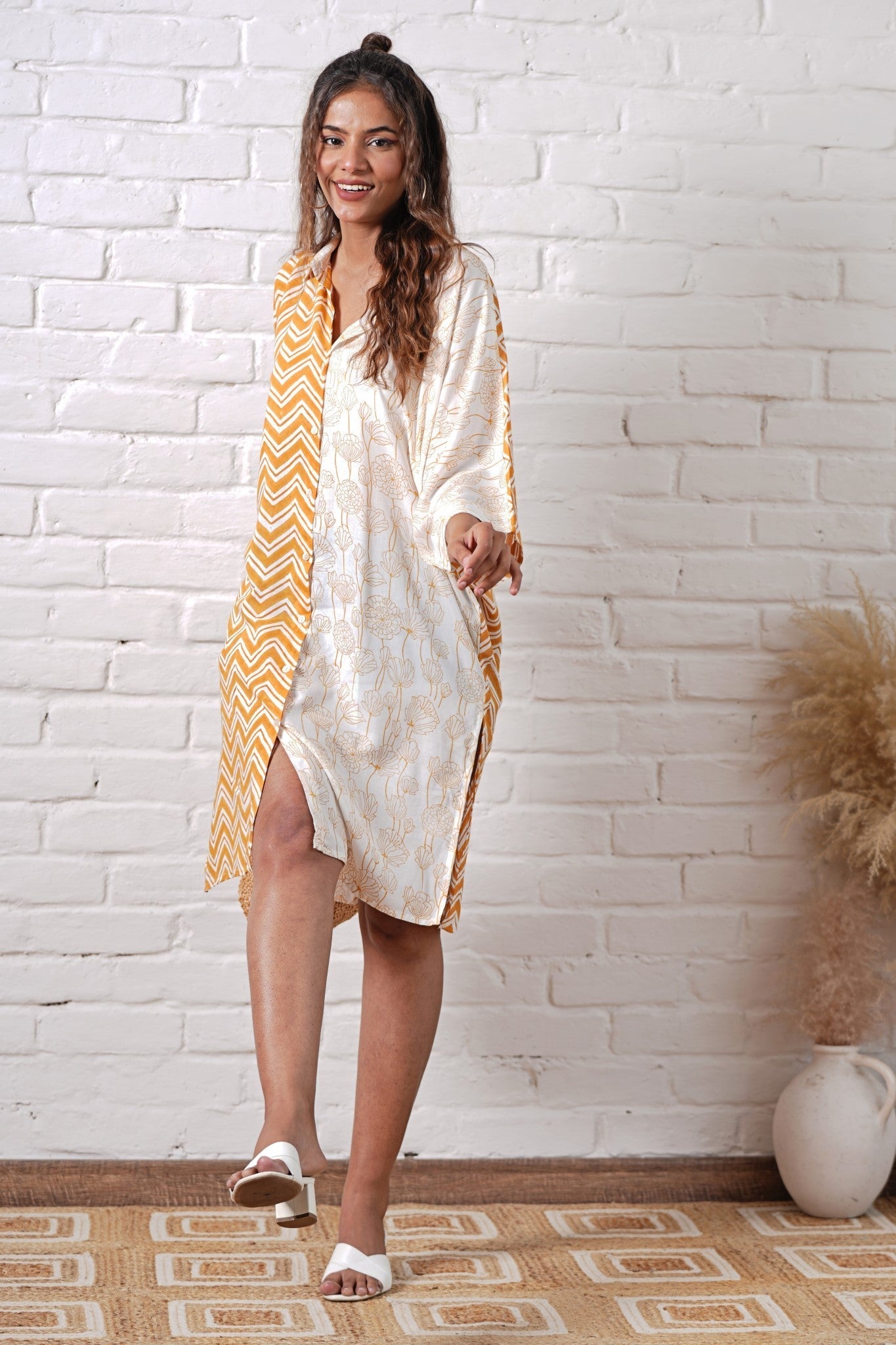 Jazzie Yellow Hand Block Printed Oversize Shirt - SootiSyahi