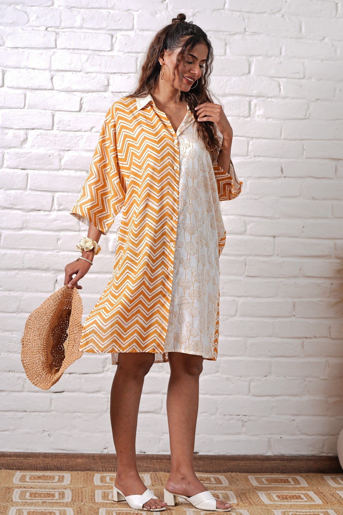 Jazzie Yellow Hand Block Printed Oversize Shirt - SootiSyahi