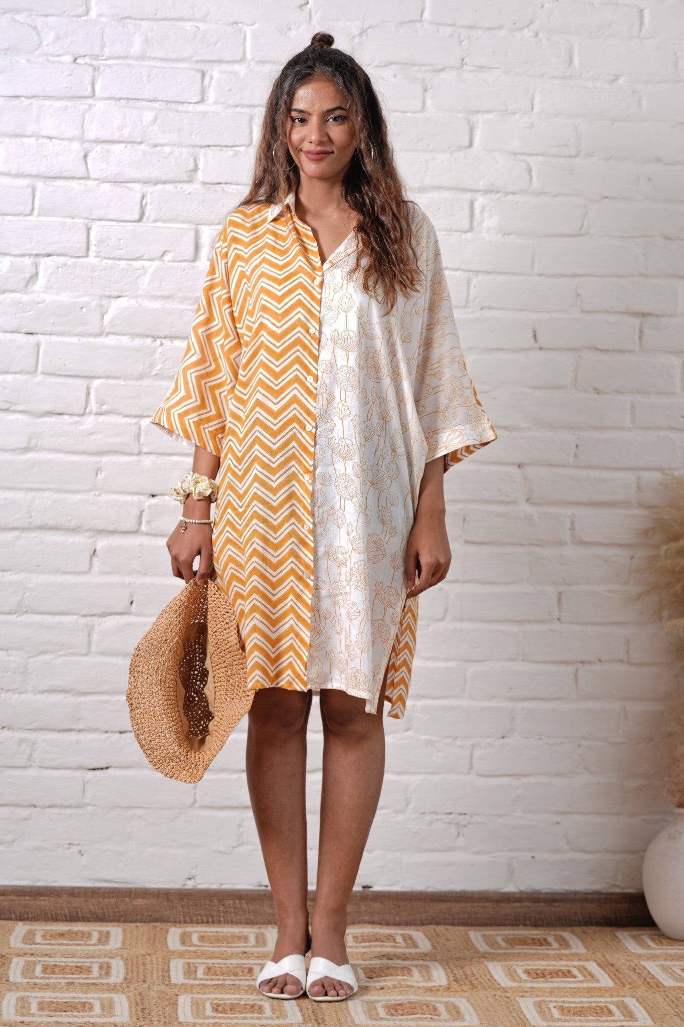 Jazzie Yellow Hand Block Printed Oversize Shirt - SootiSyahi
