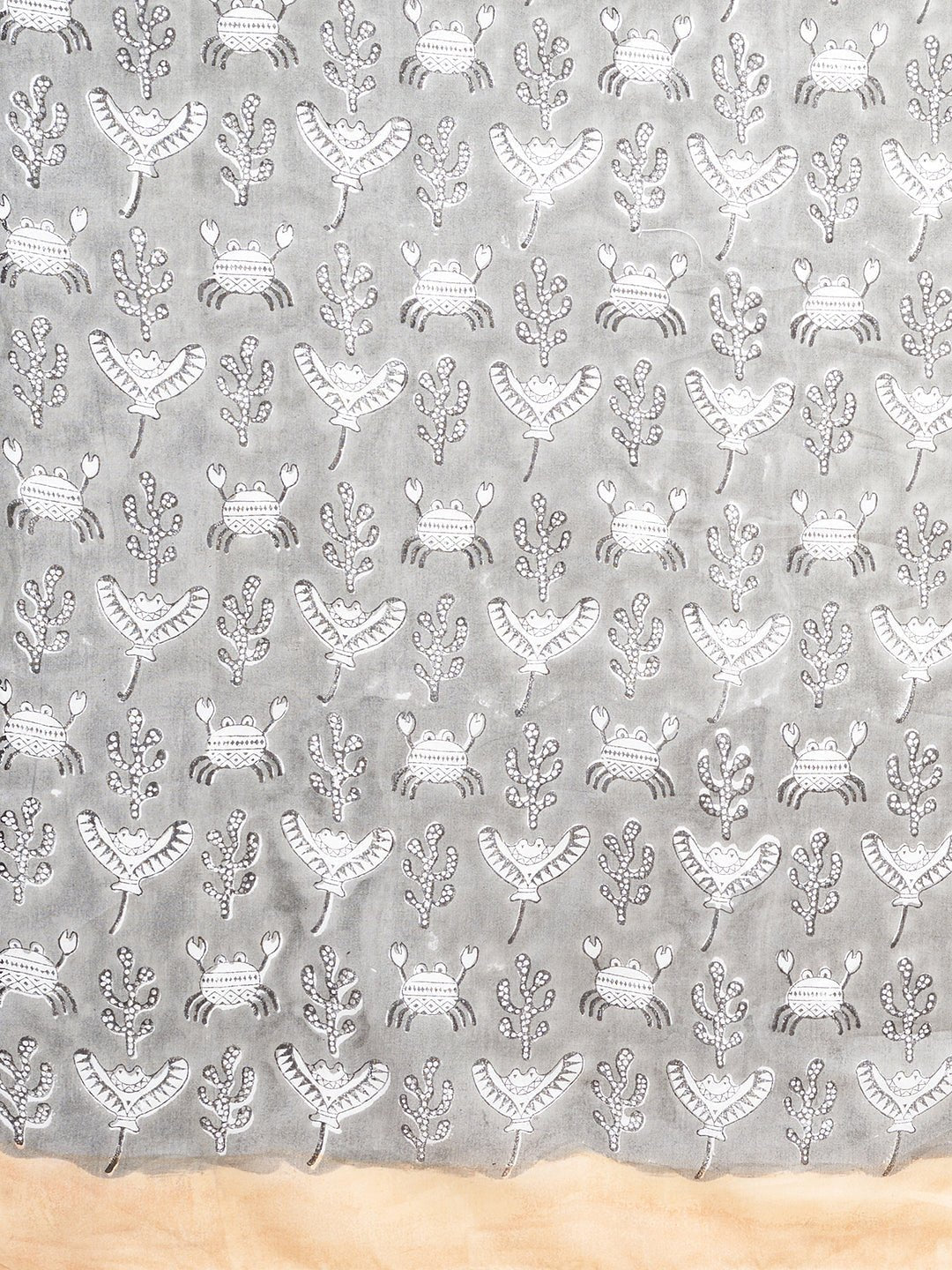 "King Crabs Gray" HANDBLOCK PRINT MUL COTTON SAREE - SootiSyahi