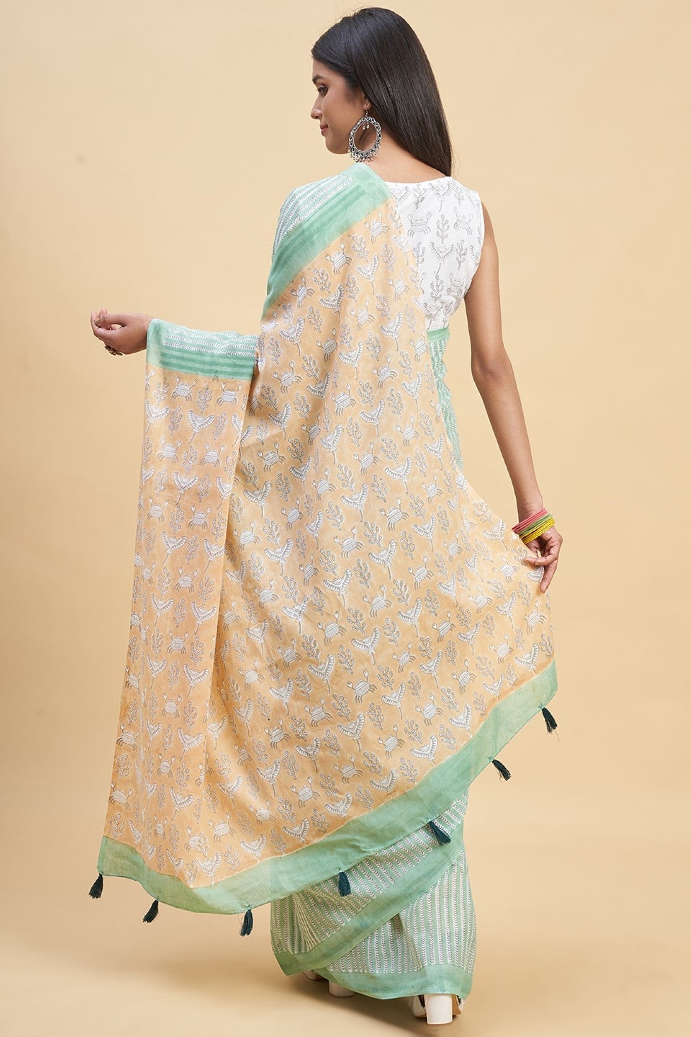 "King Crabs Greeny" HANDBLOCK PRINT MUL COTTON SAREE - SootiSyahi