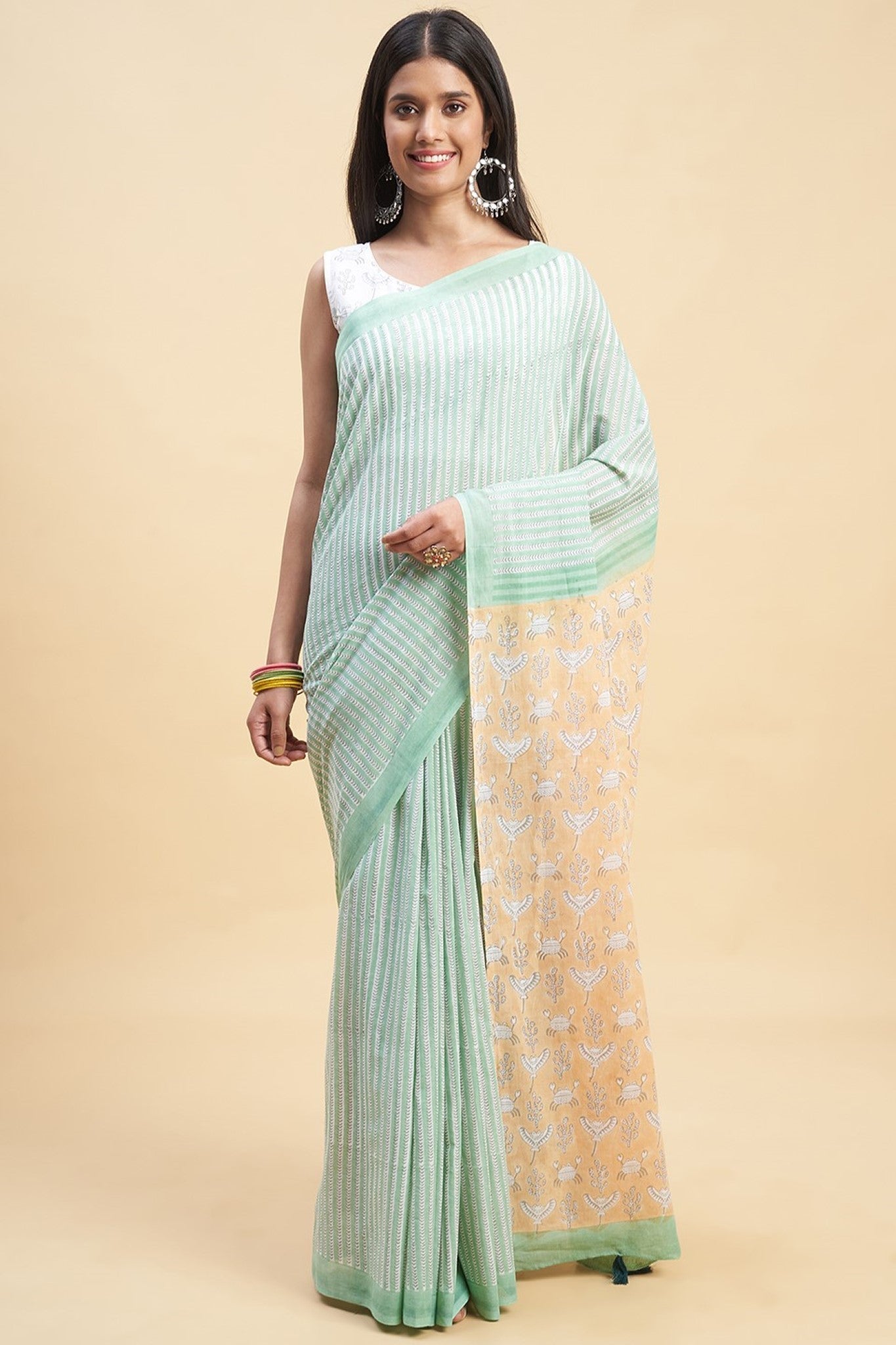 "King Crabs Greeny" HANDBLOCK PRINT MUL COTTON SAREE - SootiSyahi