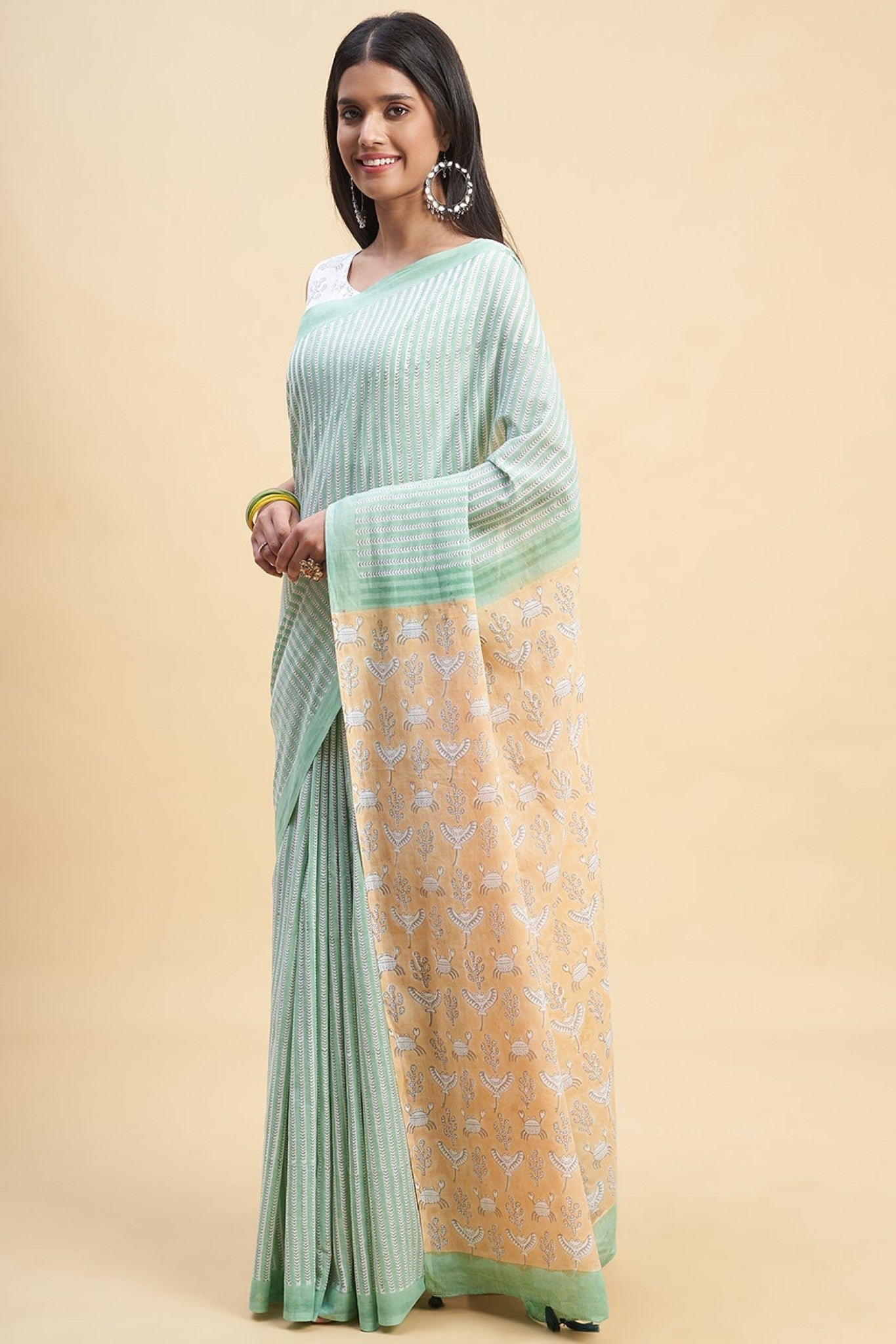 "King Crabs Greeny" HANDBLOCK PRINT MUL COTTON SAREE - SootiSyahi