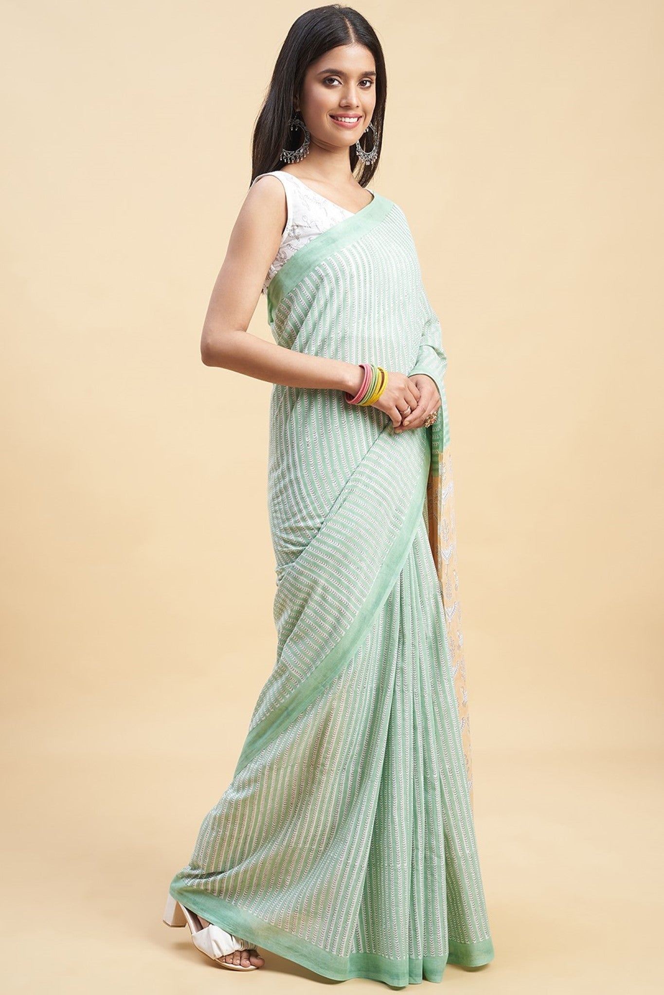 "King Crabs Greeny" HANDBLOCK PRINT MUL COTTON SAREE - SootiSyahi