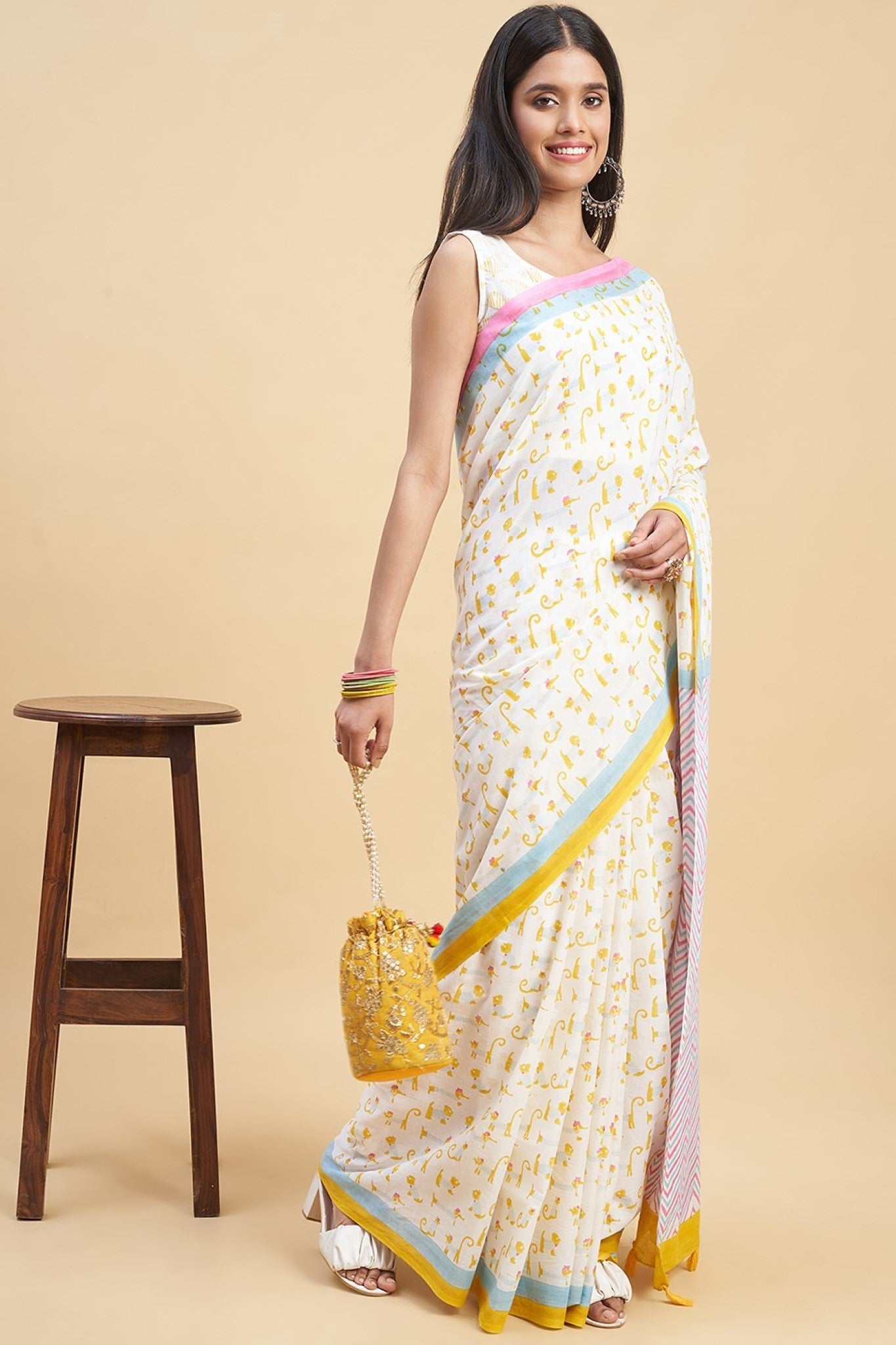 "Kittens Yellow" HANDBLOCK PRINT MUL COTTON SAREE - SootiSyahi