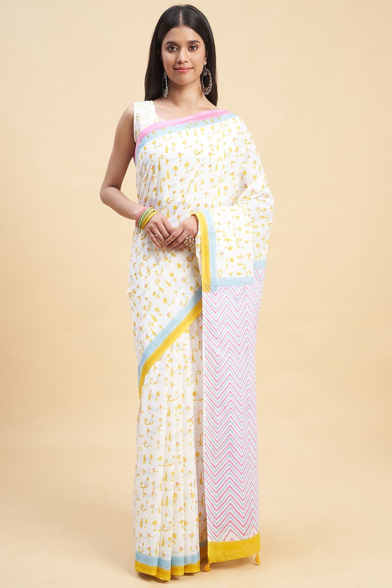 "Kittens Yellow" HANDBLOCK PRINT MUL COTTON SAREE - SootiSyahi