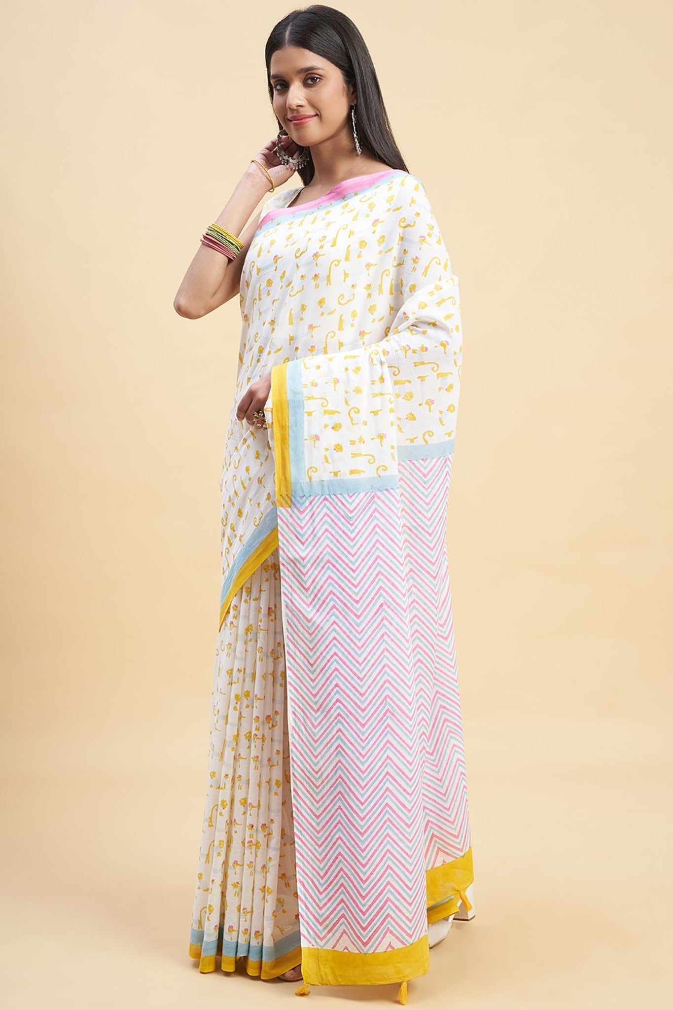 "Kittens Yellow" HANDBLOCK PRINT MUL COTTON SAREE - SootiSyahi
