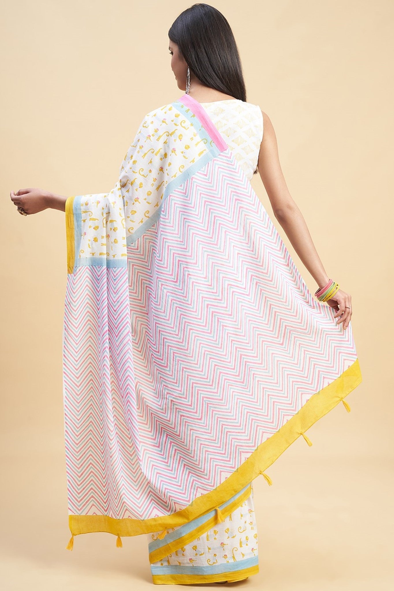 "Kittens Yellow" HANDBLOCK PRINT MUL COTTON SAREE - SootiSyahi