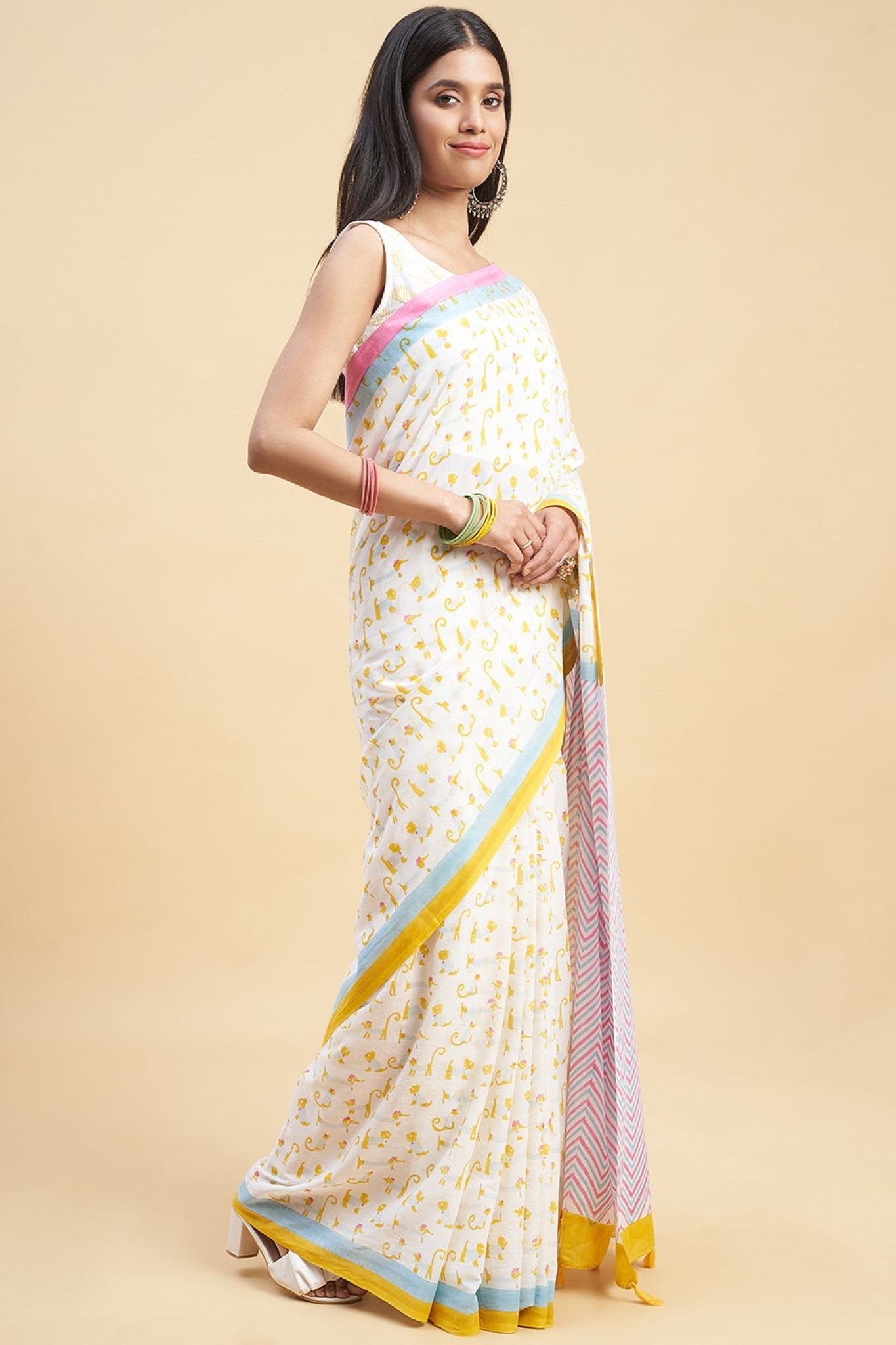 "Kittens Yellow" HANDBLOCK PRINT MUL COTTON SAREE - SootiSyahi