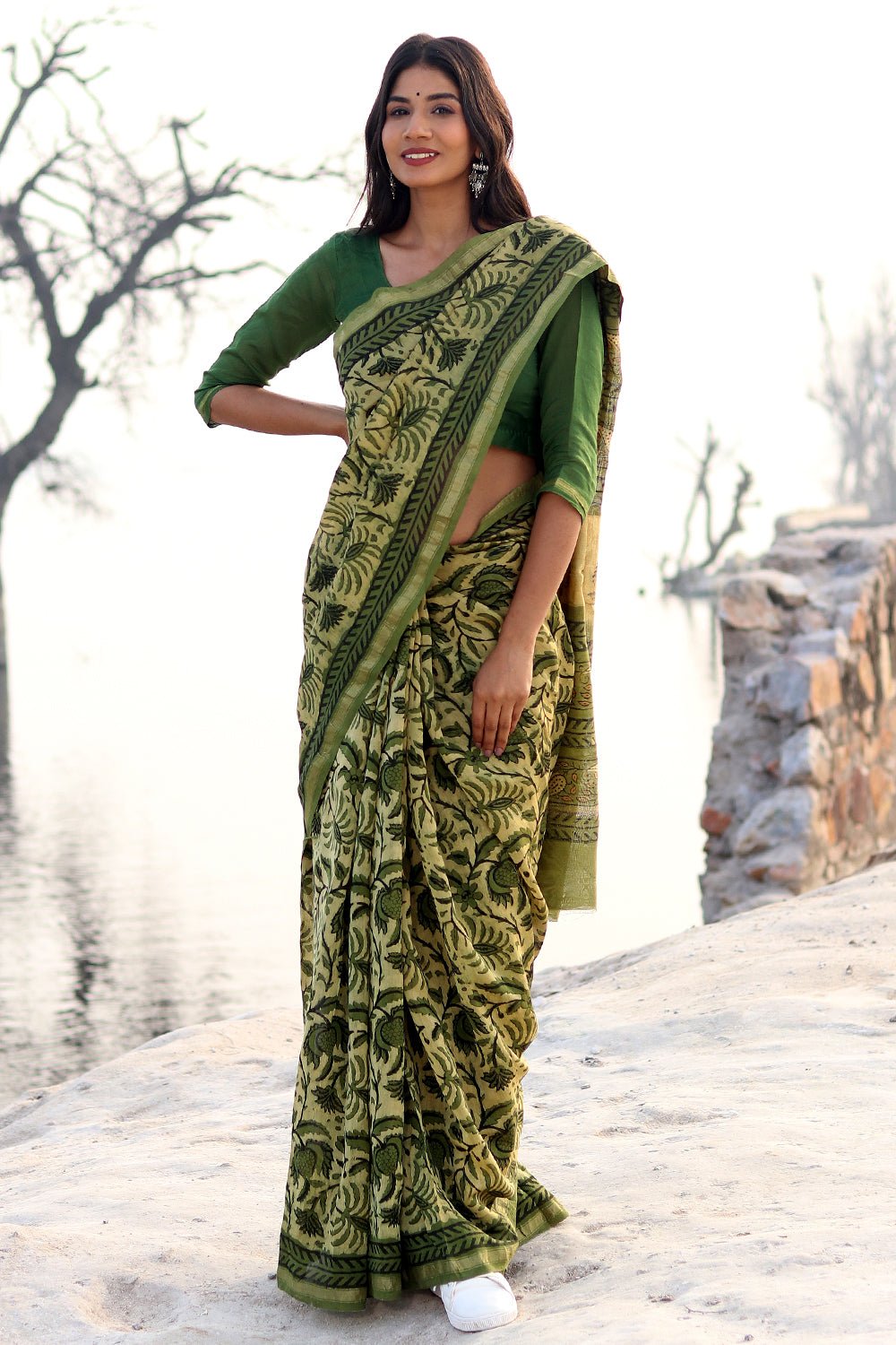 Kiwi Sunburst Handblock Printed Chanderi Saree - SootiSyahi