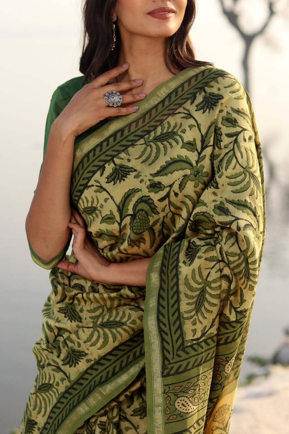 Kiwi Sunburst Handblock Printed Chanderi Saree - SootiSyahi