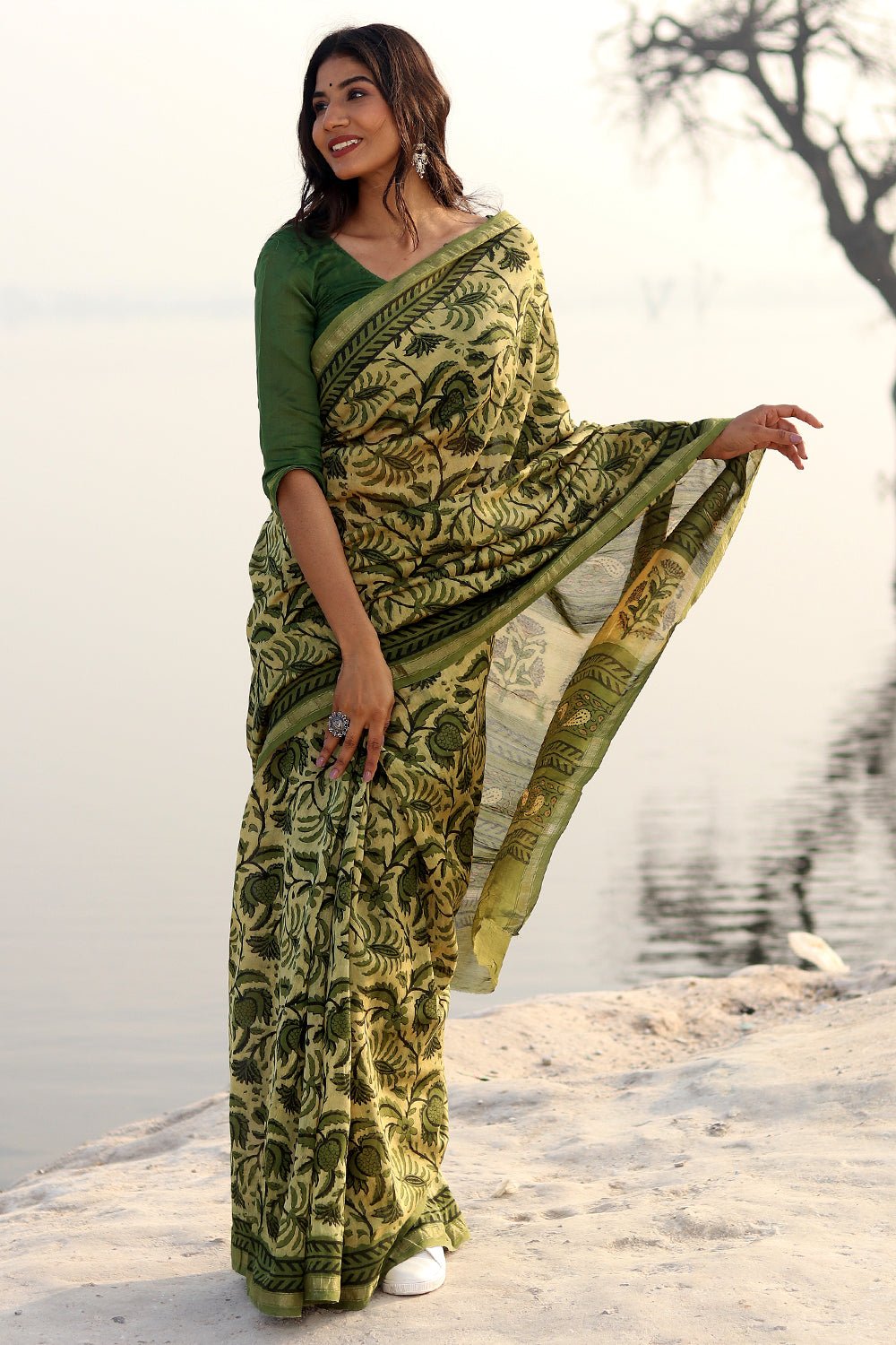 Kiwi Sunburst Handblock Printed Chanderi Saree - SootiSyahi