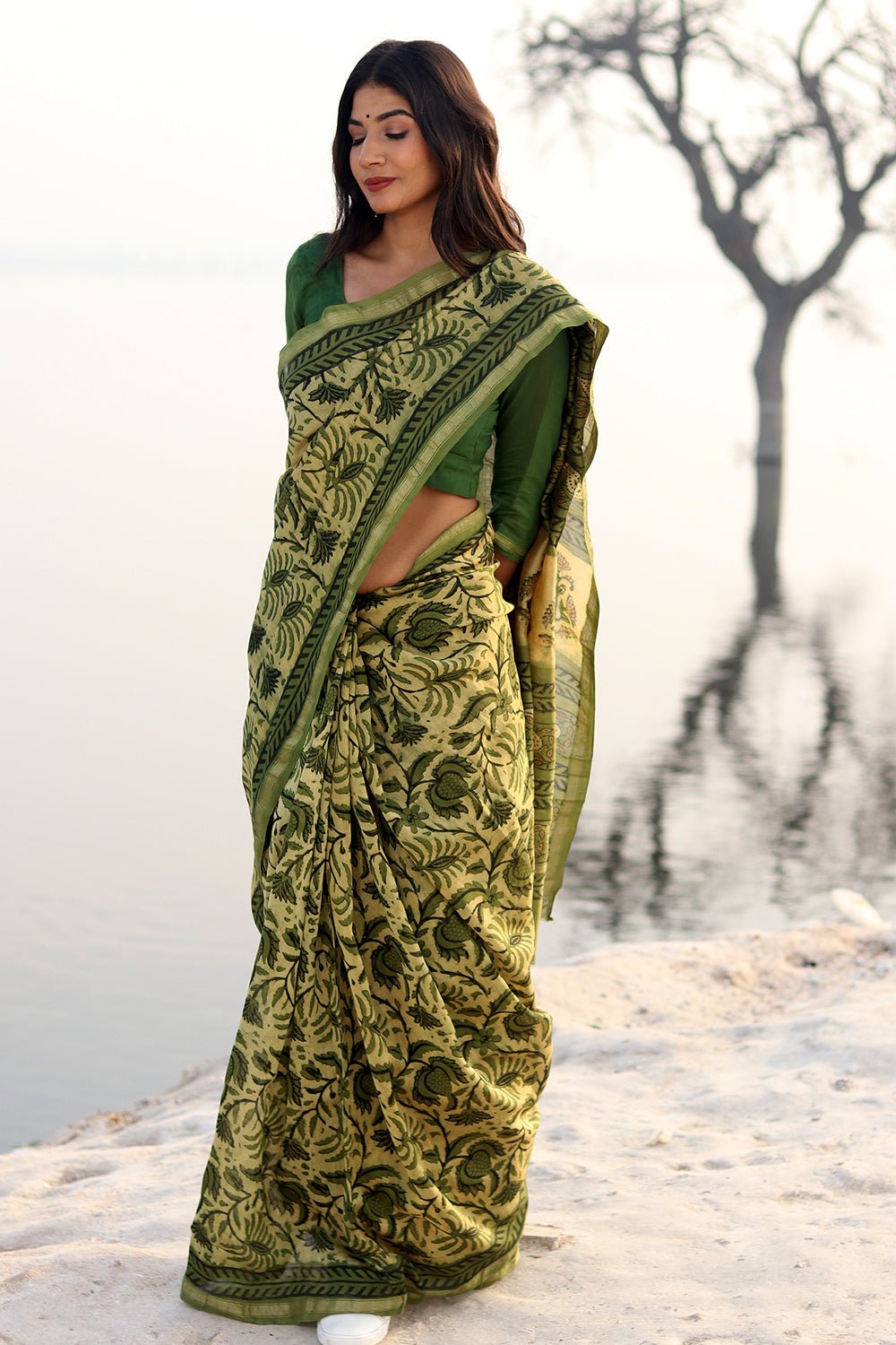 Kiwi Sunburst Handblock Printed Chanderi Saree - SootiSyahi