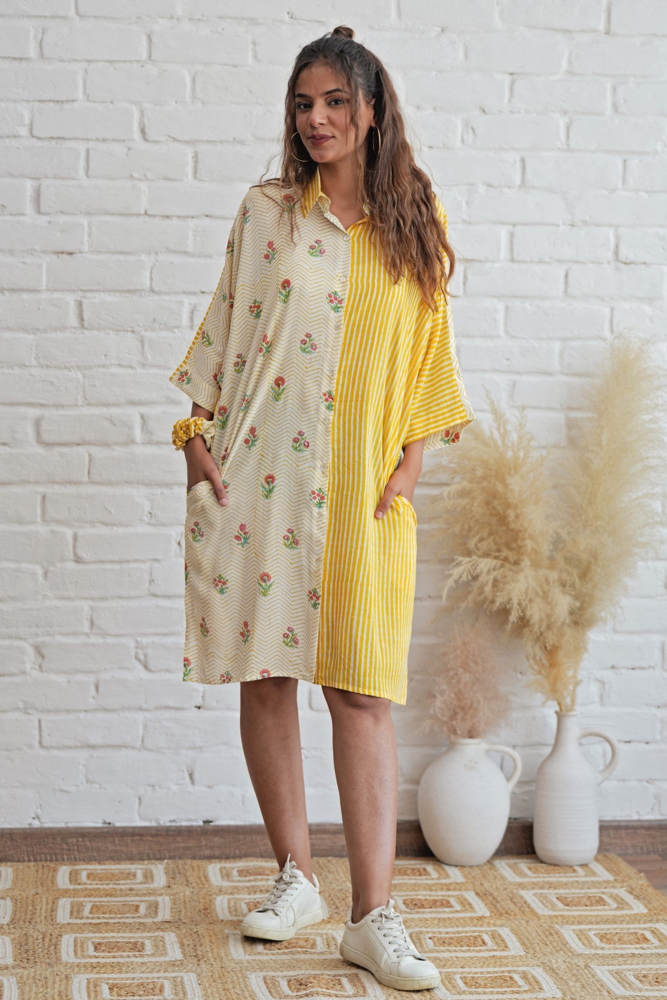 Krissy in Yellow Hand Block Printed Oversize Shirt - SootiSyahi