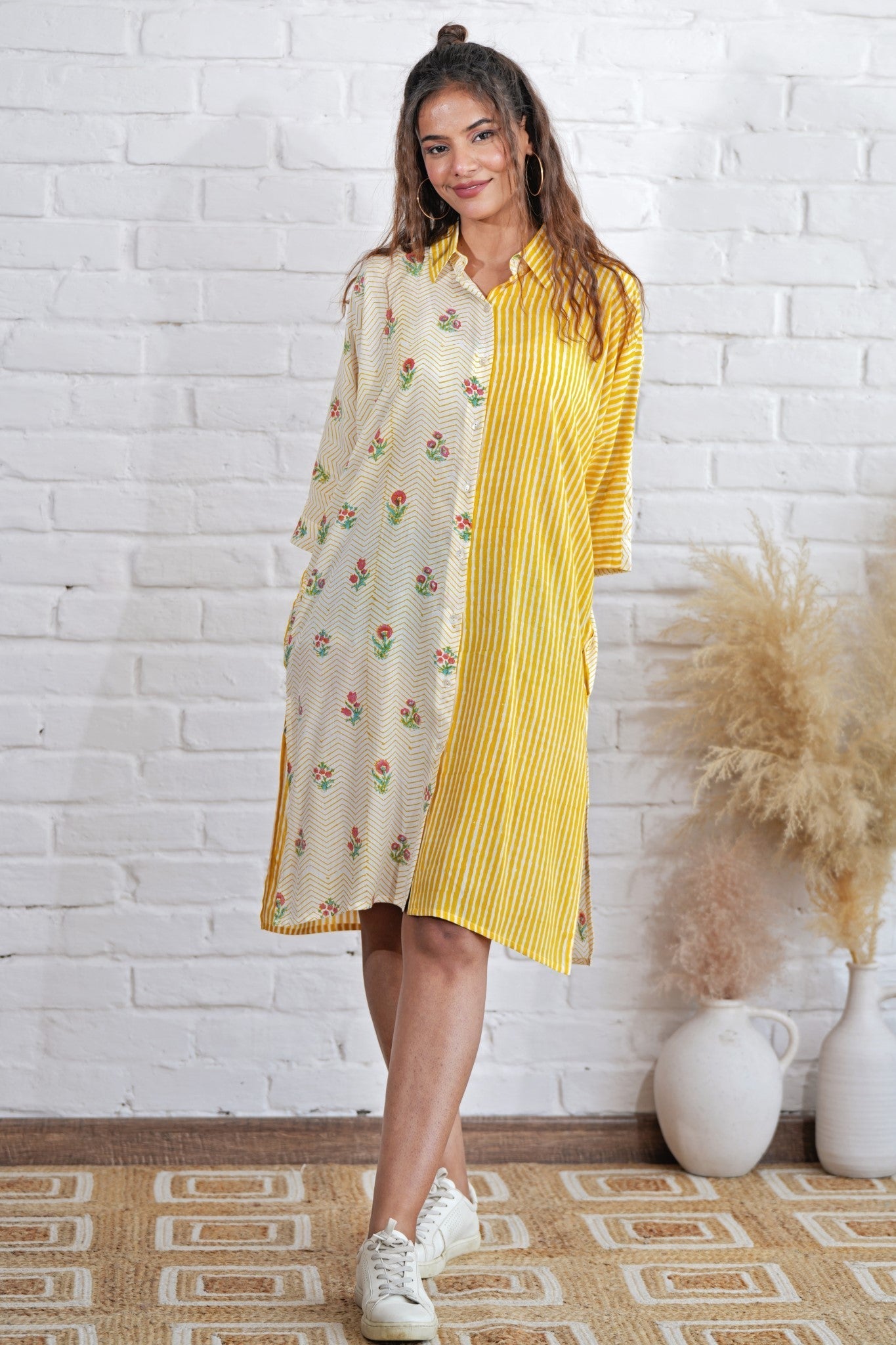 Krissy in Yellow Hand Block Printed Oversize Shirt - SootiSyahi