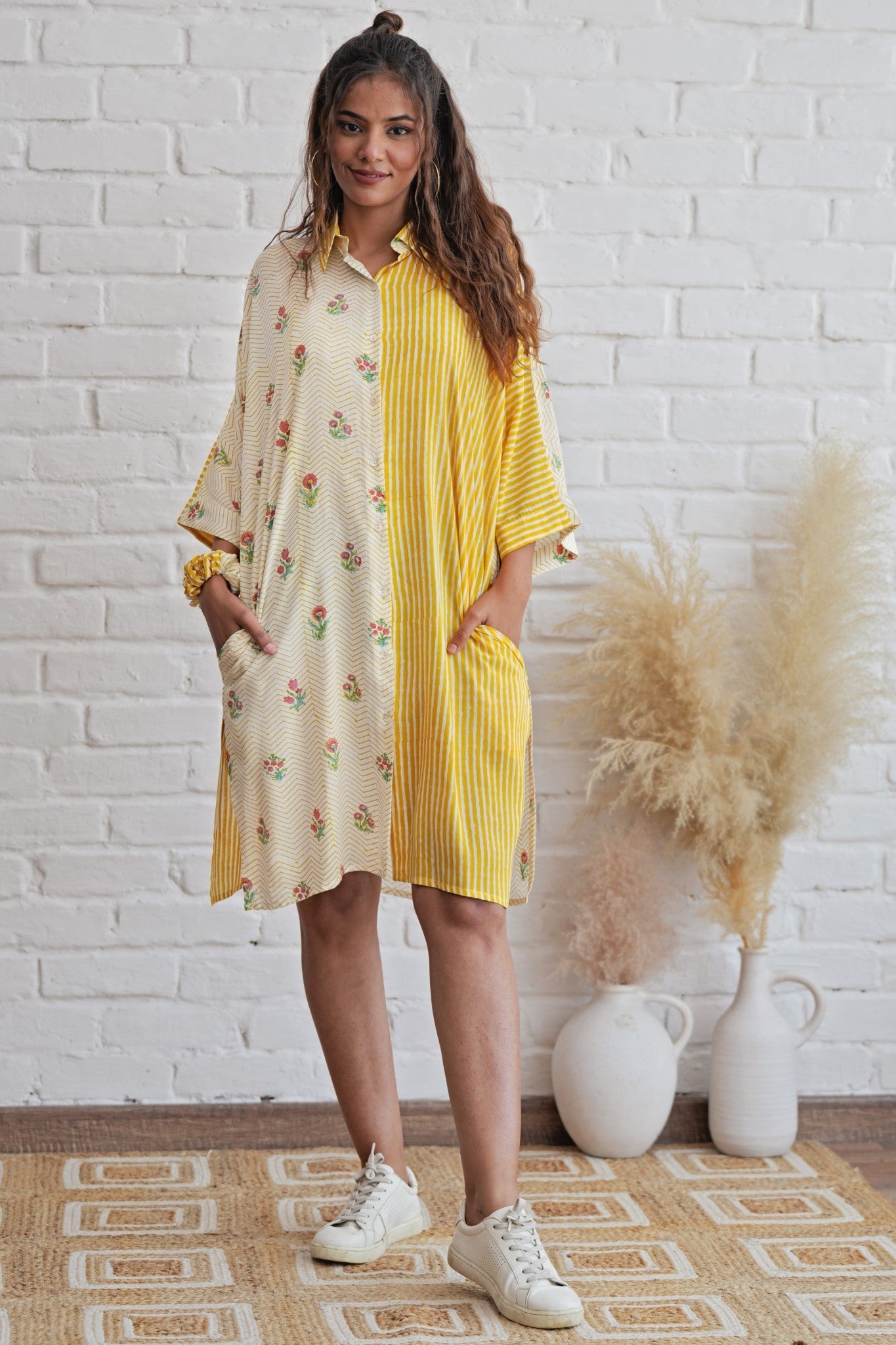 Krissy in Yellow Hand Block Printed Oversize Shirt - SootiSyahi