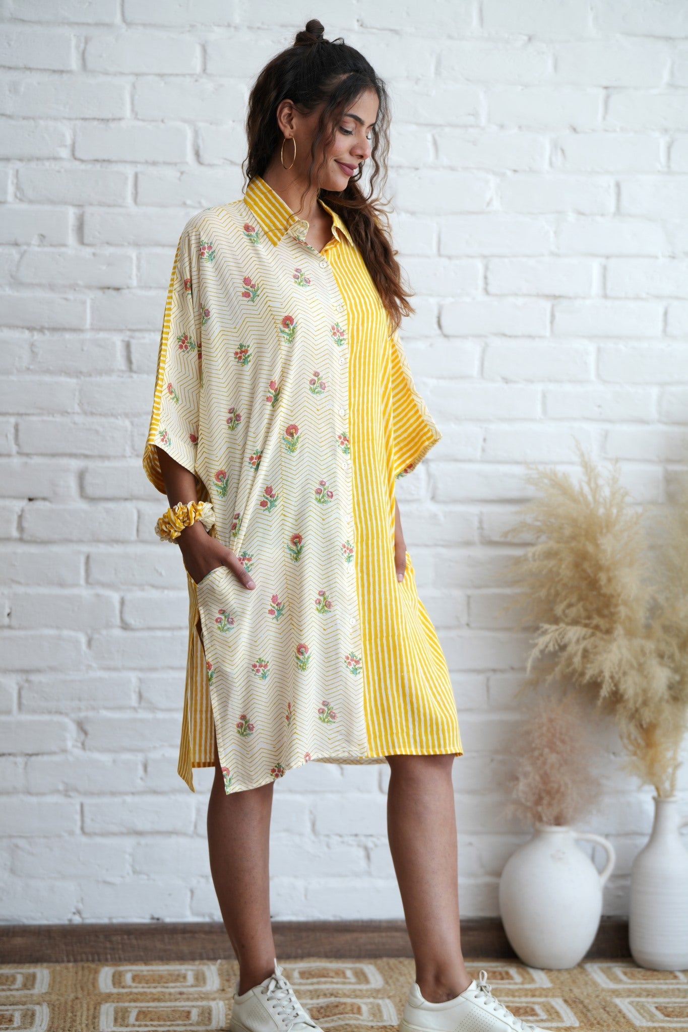 Krissy in Yellow Hand Block Printed Oversize Shirt - SootiSyahi