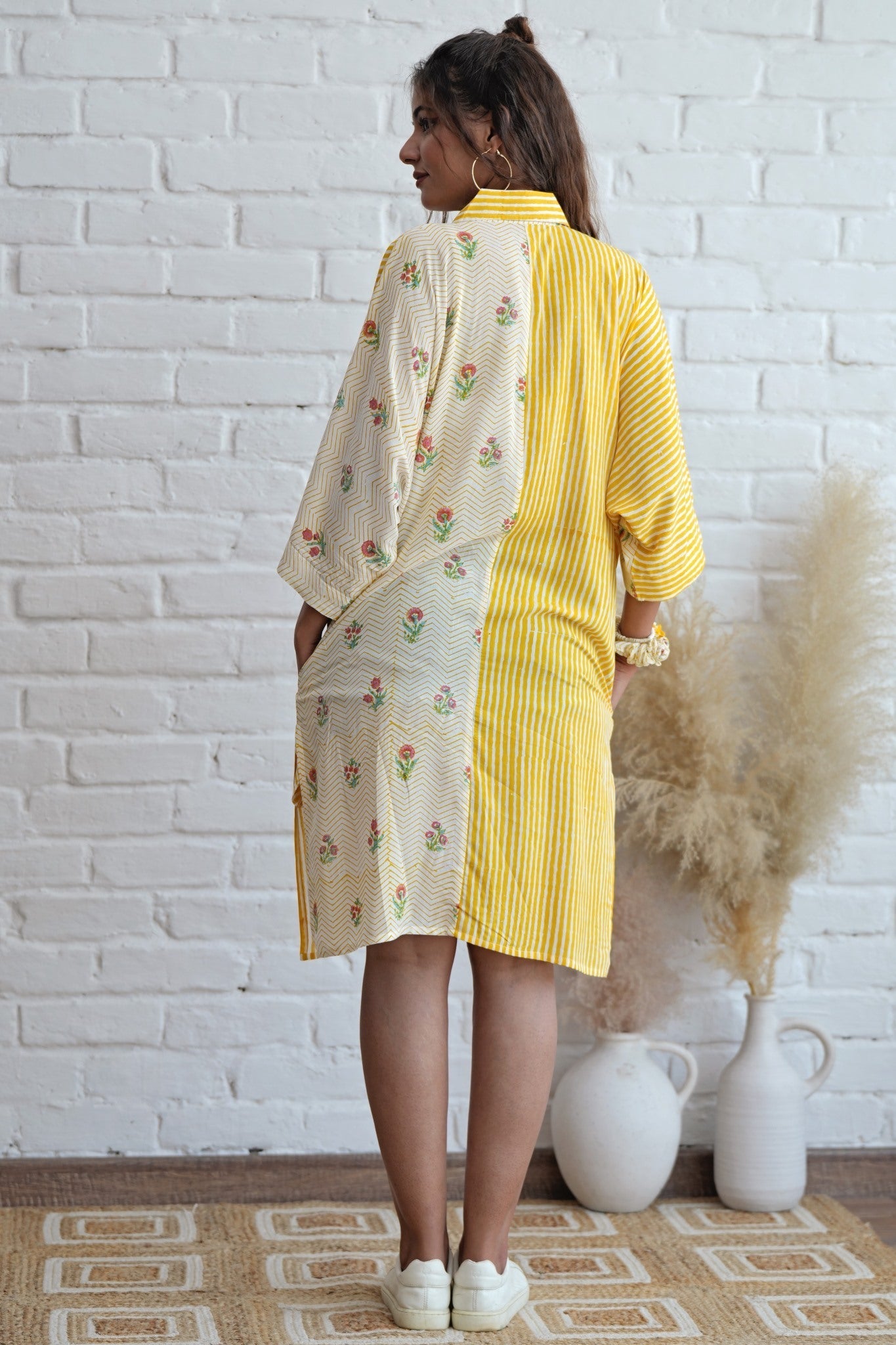Krissy in Yellow Hand Block Printed Oversize Shirt - SootiSyahi