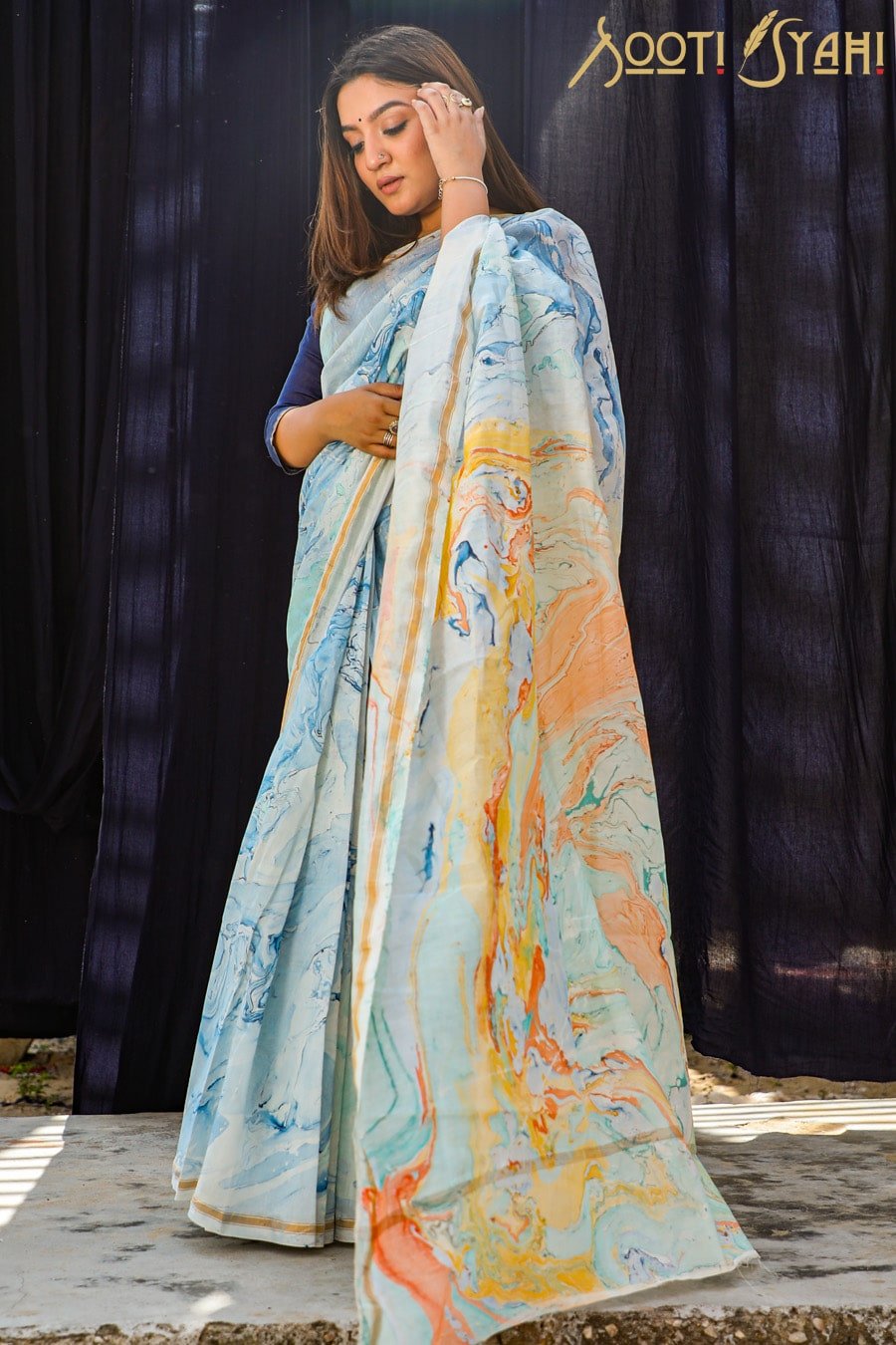 "LIBERTY" HAND MARBLE PRINT CHANDERI SILK SAREE - SootiSyahi
