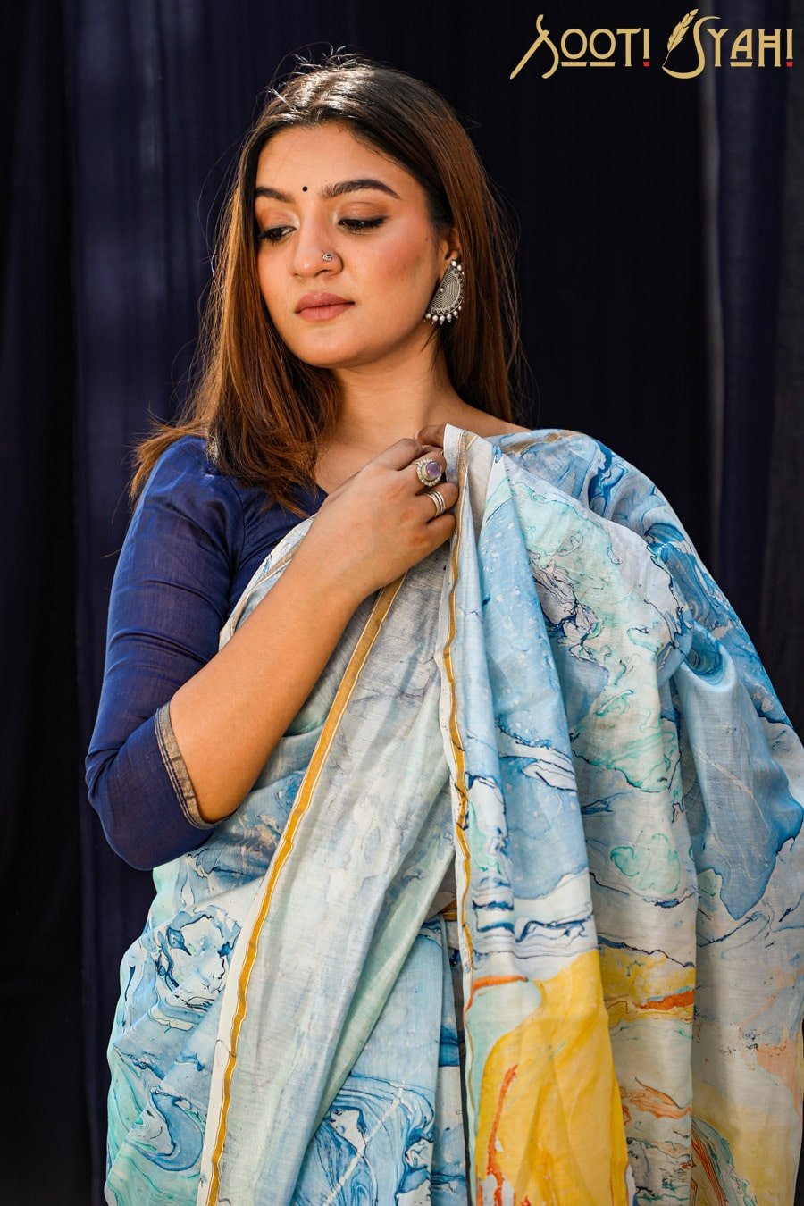 "LIBERTY" HAND MARBLE PRINT CHANDERI SILK SAREE - SootiSyahi