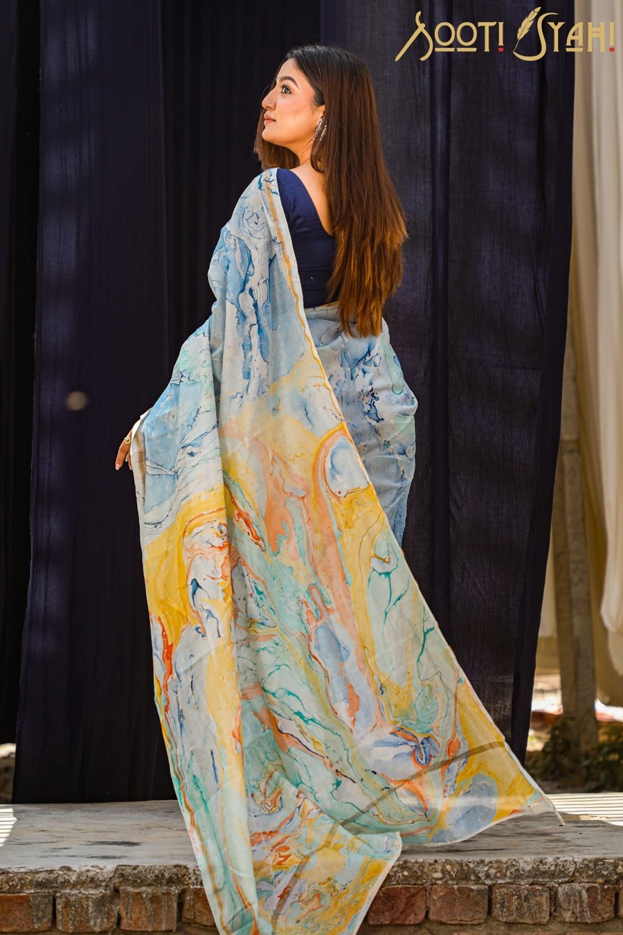 "LIBERTY" HAND MARBLE PRINT CHANDERI SILK SAREE - SootiSyahi